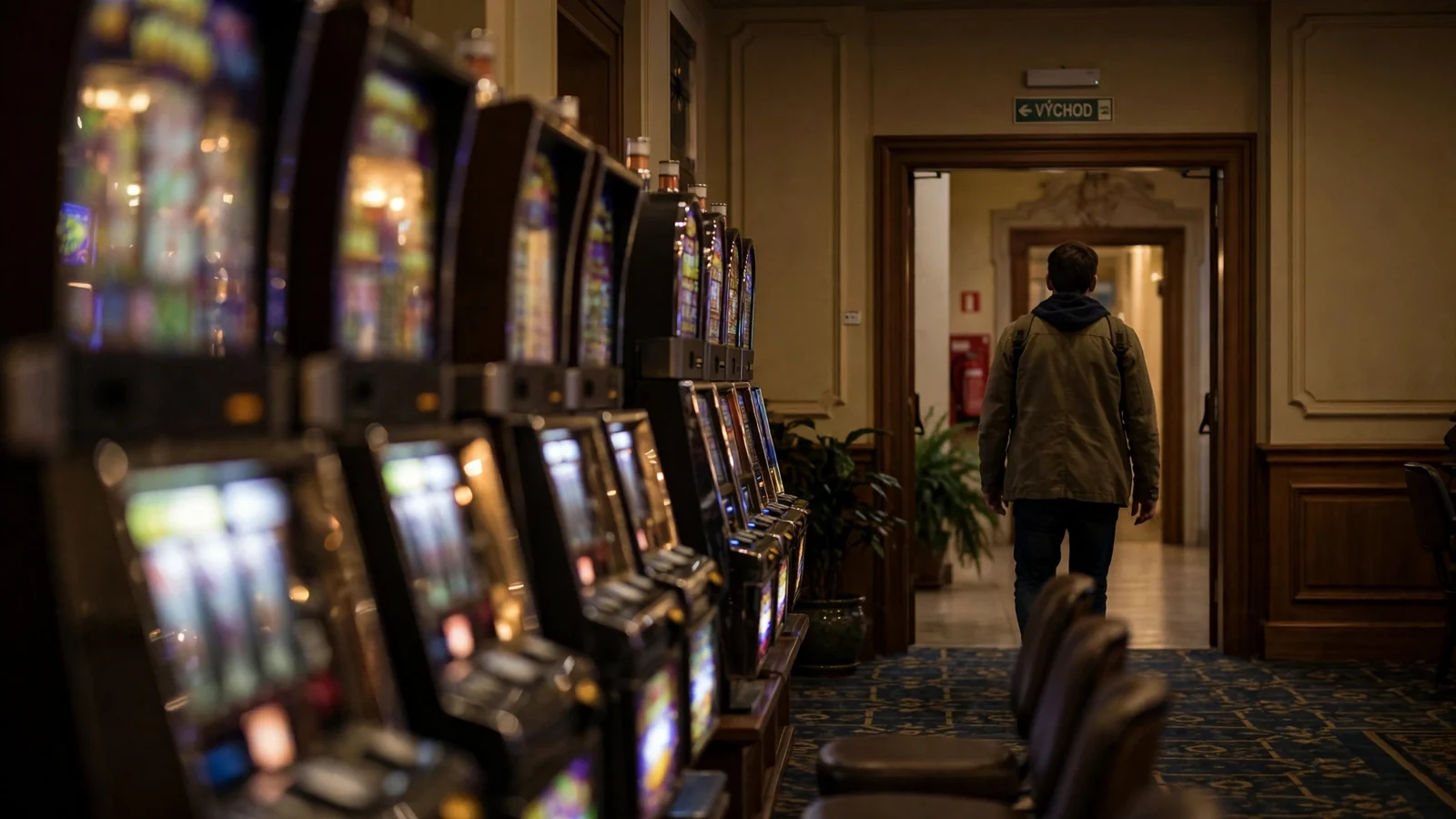Osoba odcházející od řady svítících výherních automatů v kasinu.