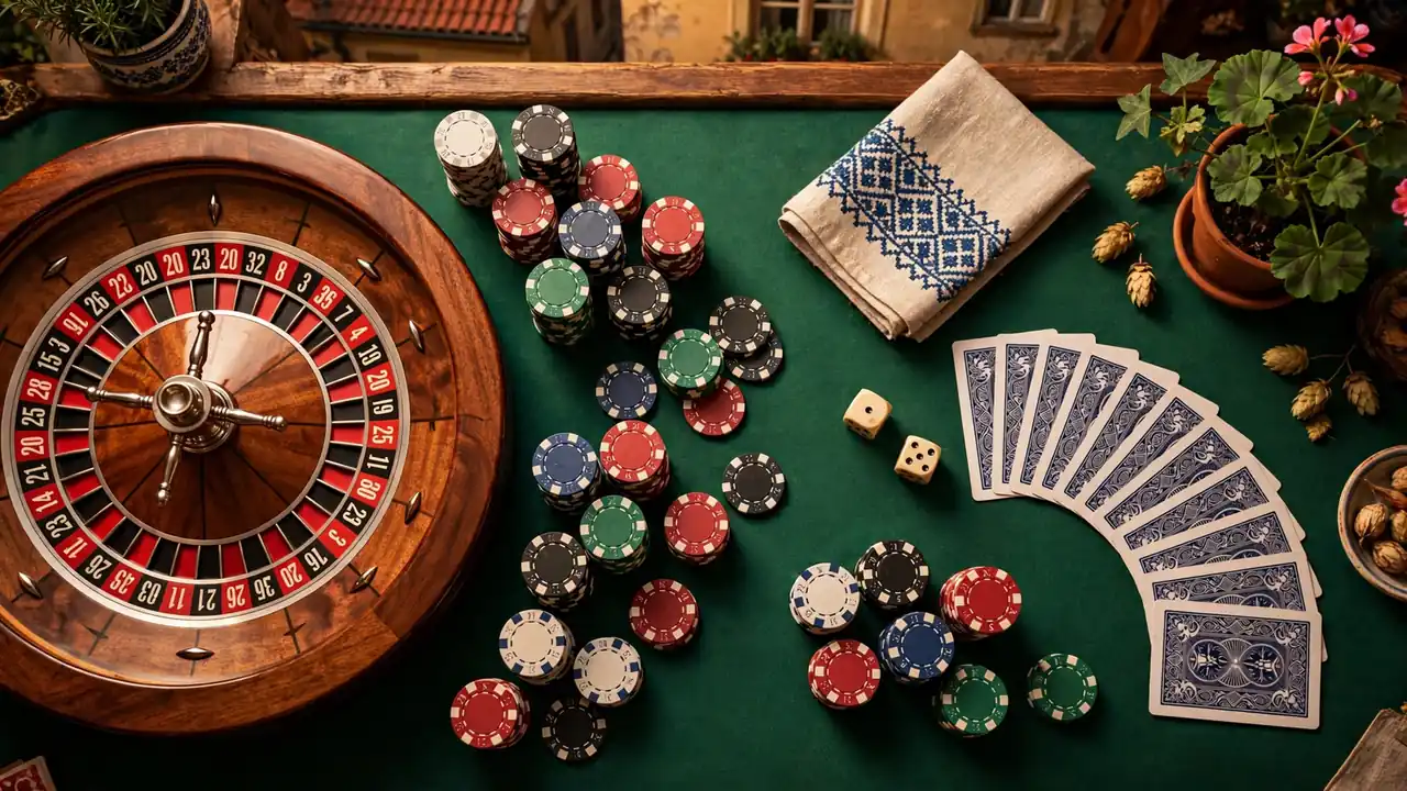 Ruleta, žetony, kostky a karty rozložené na herním stole.